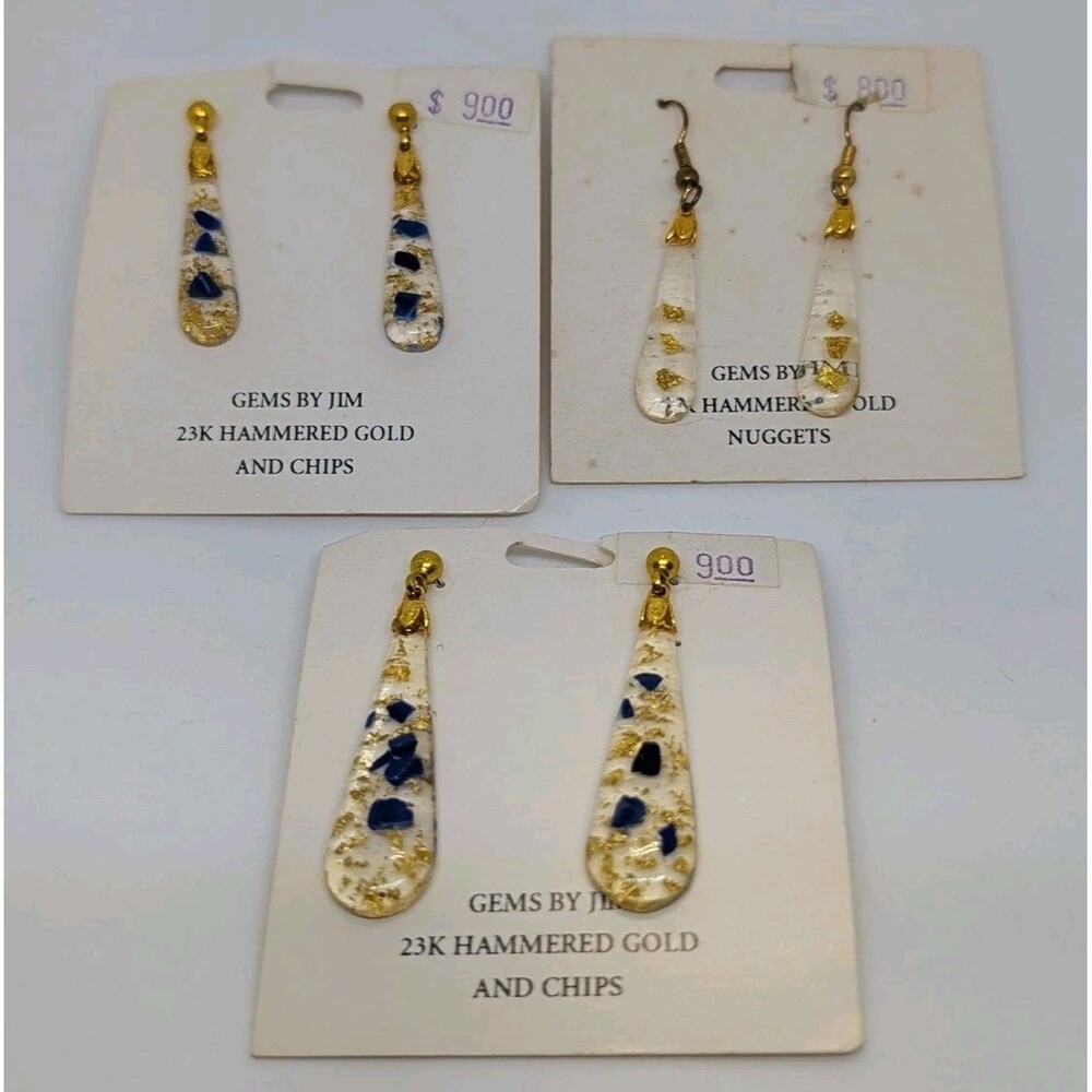 (3) Pair Pierced 23K Hammered Gold inside Dangle Earrings Teardrop Dk Blue Gold